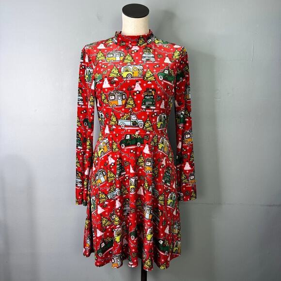 Born Famous Red Truck Camper Print High Neck Christmas Holiday Dress Women's M - Picture 1 of 12